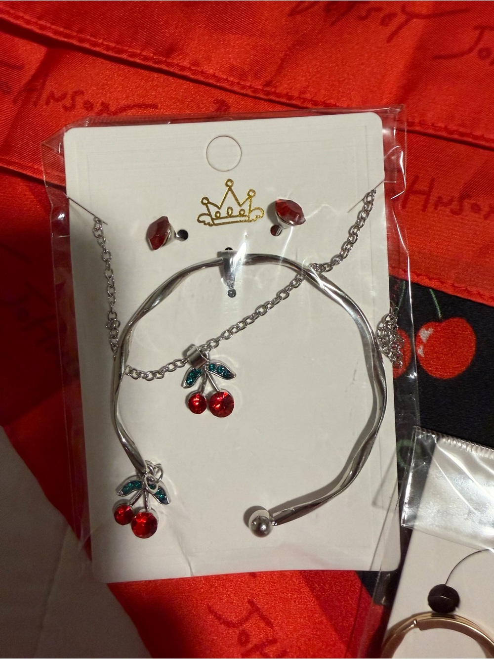 Betsey Johnson Cherry-Themed Scarf & Accessory Gift Bundle - Picture 7 of 11